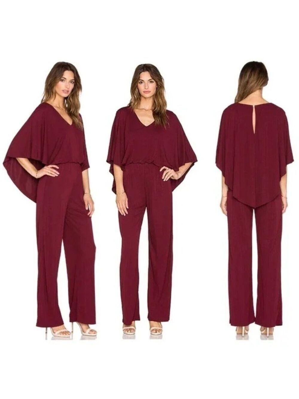 Trina Turk Willows 2 Jumpsuit Batwing Cape Flowy Sleeve Burgundy Size 0
